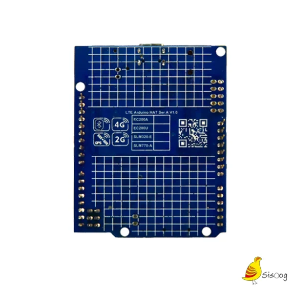 تصویرپشت شیلد آردوینو EC200U-EU کویکتل نمای پشت شیلد آردوینو EC200U-EU کویکتل 4G با جایگاه سیمکارت، USB-C و کانکتورهای آردوینو