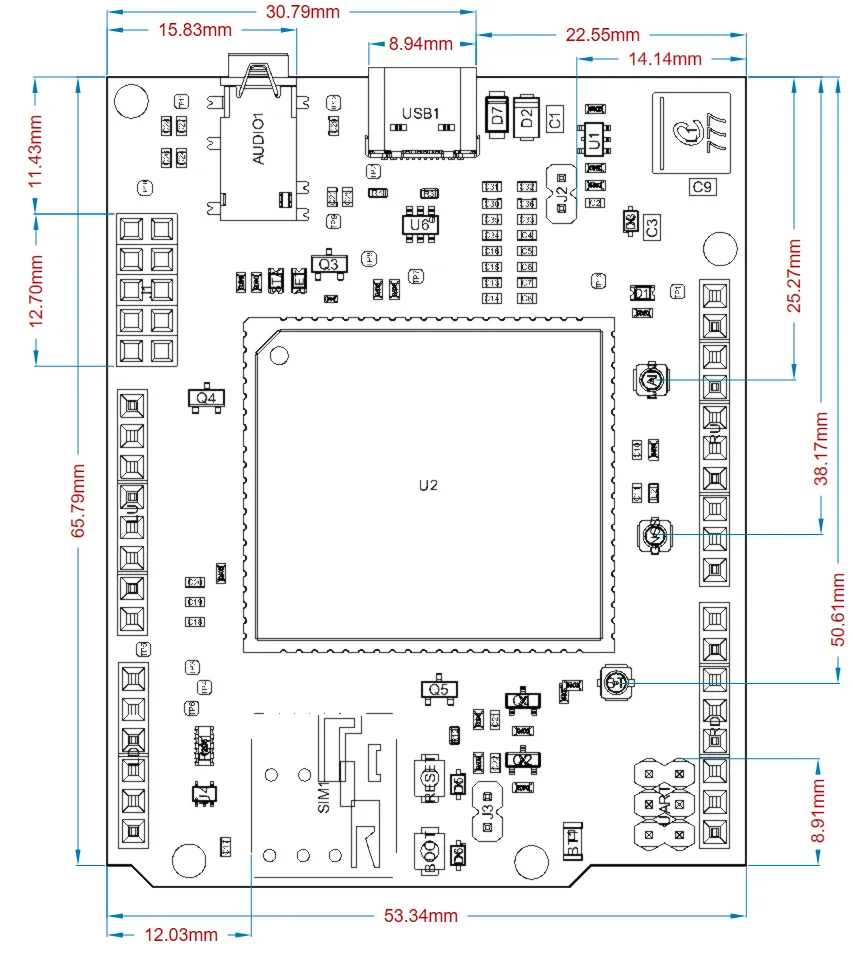 ابعاد شیلد توسعه آردوینو EC200U 4G GNSS کویکتل:65.79 × 53.34 mm